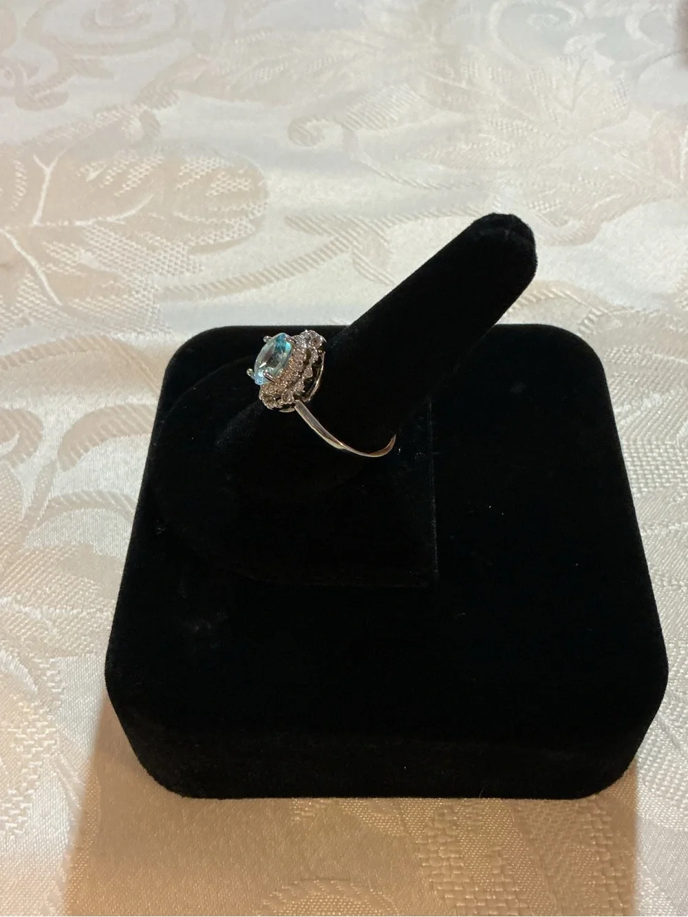Lab Grown Aquamarine Oval Halo Vintage Inspired Silver Tone Statement Ring